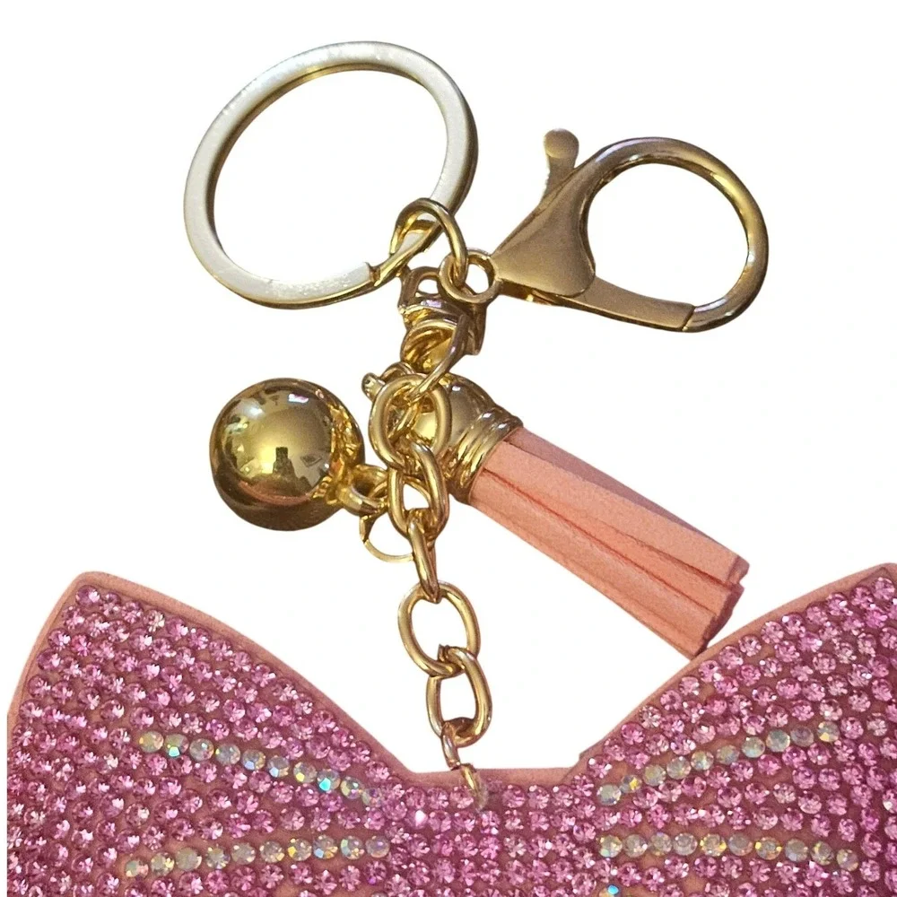 Pink Rhinestone Bow Keychain Gold‎ Tone Tassel Bell Bag Charm Coquette Accessory